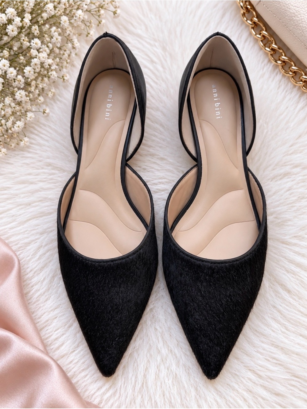 Calf Hair Black Pointed D'Orsay Flats